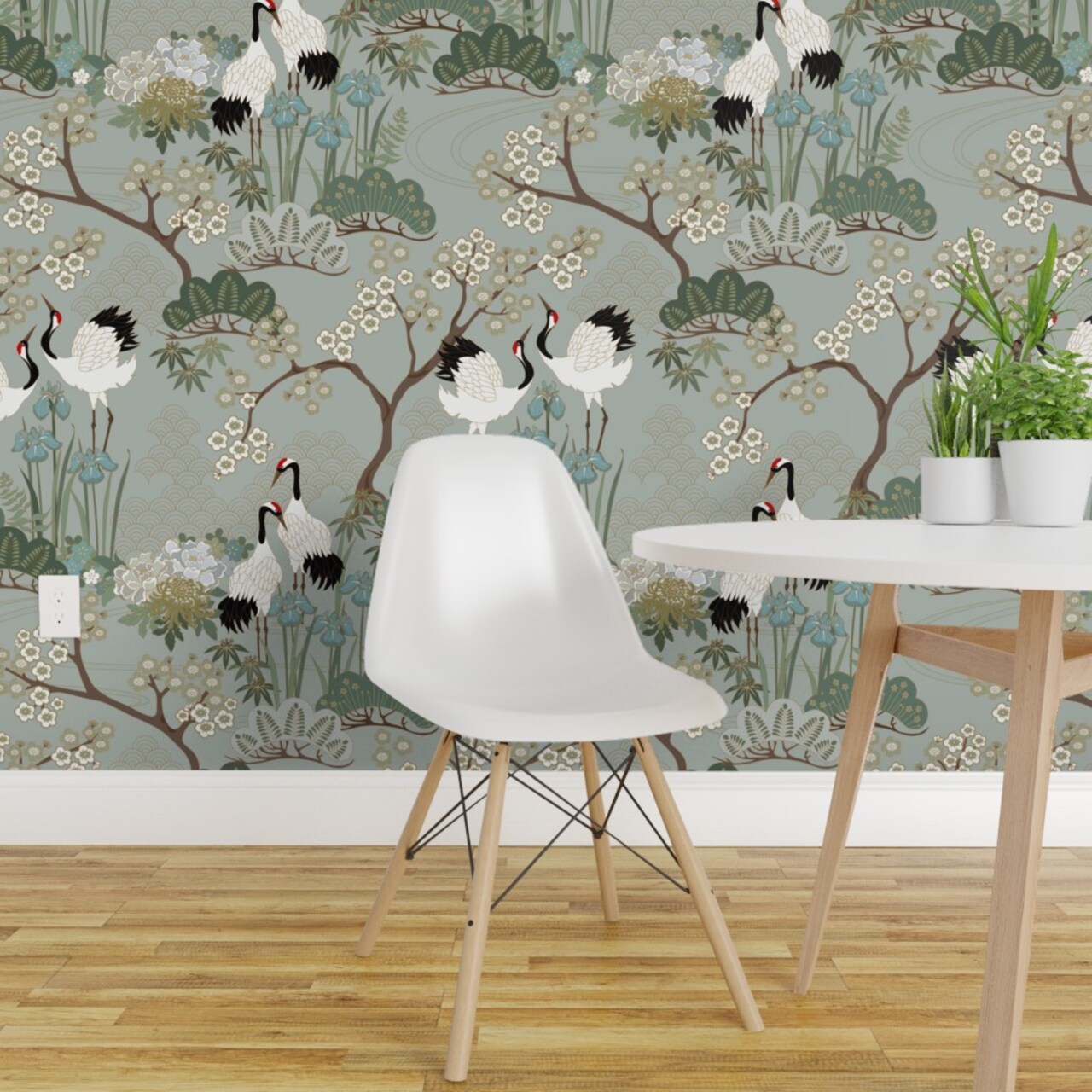 Peel & Stick Wallpaper 2FT Wide Crane Chinoiserie Sakura Cherry Blossom Floral Birds And Flowers Gardens Custom Removable Wallpaper by Spoonflower